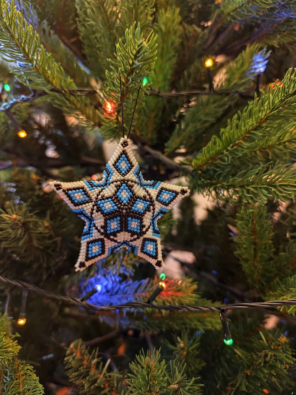 Blue, White & Black Beaded Star Ornament - Holiday Tree Accent